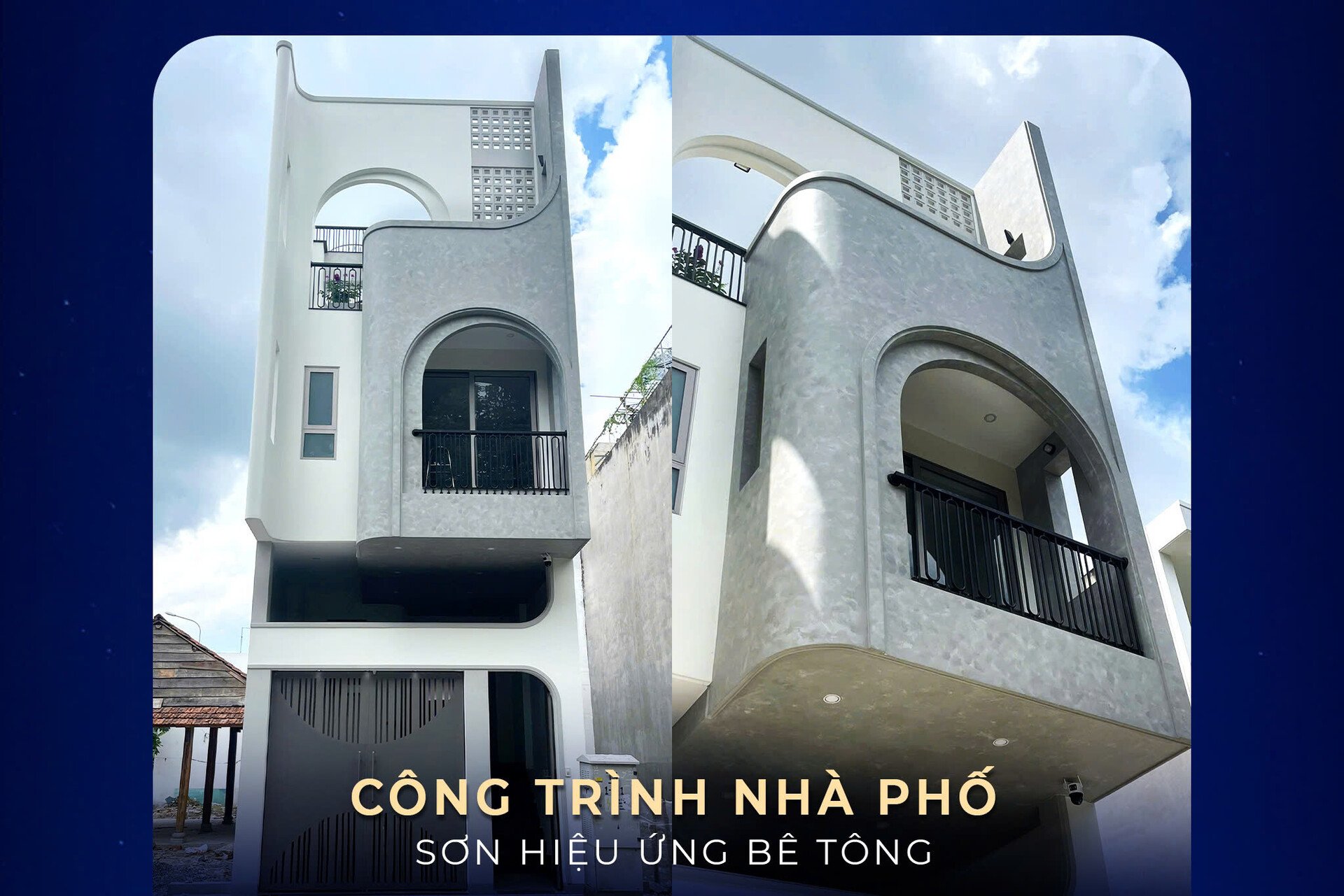 Phối màu sơn hiệu ứng bê tông ghi sáng cho mặt tiền rất được ưa chuộng