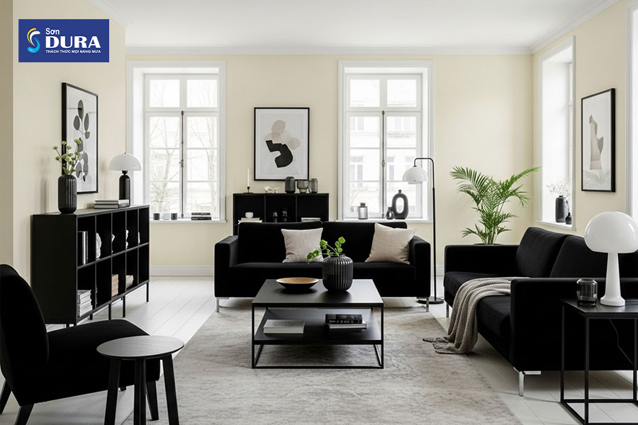 Sơn màu kem nhạt phối cùng nội thất màu đen