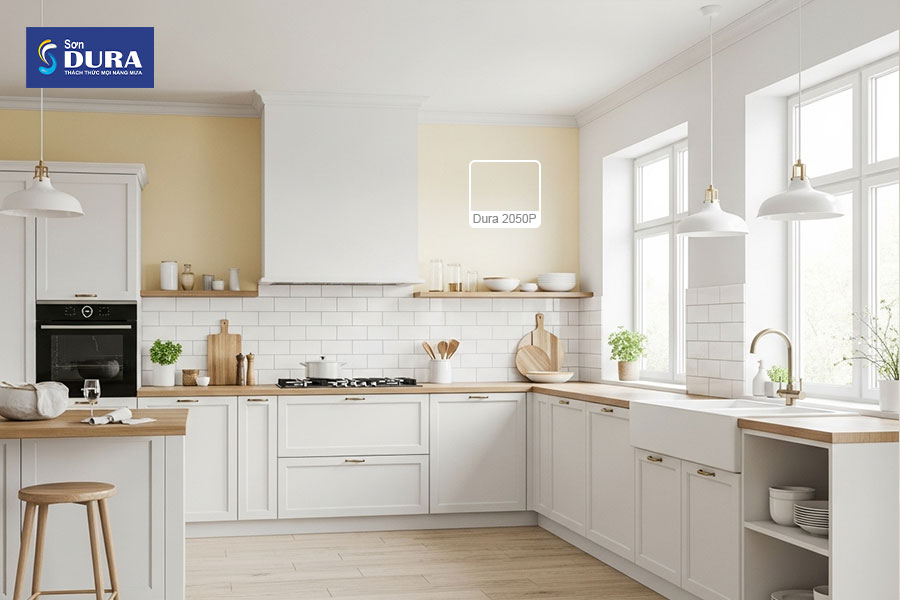 Màu sơn vàng nhạt phối với màu trắng tạo nên căn bếp sạch sẽ